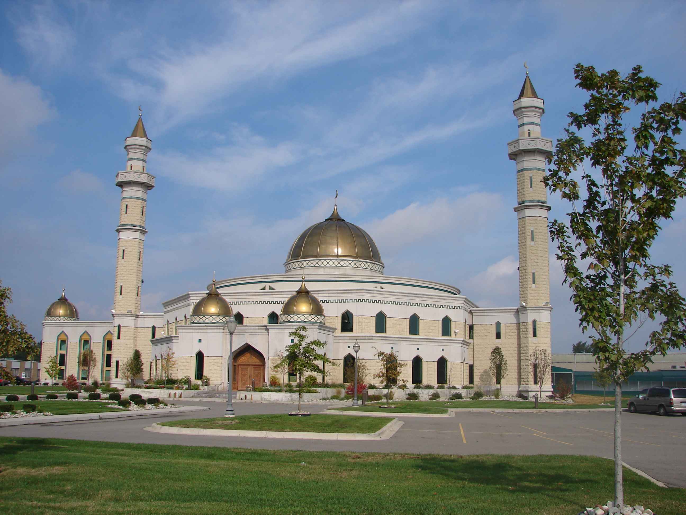 Nice shot of beautiful new mosque with gold domes